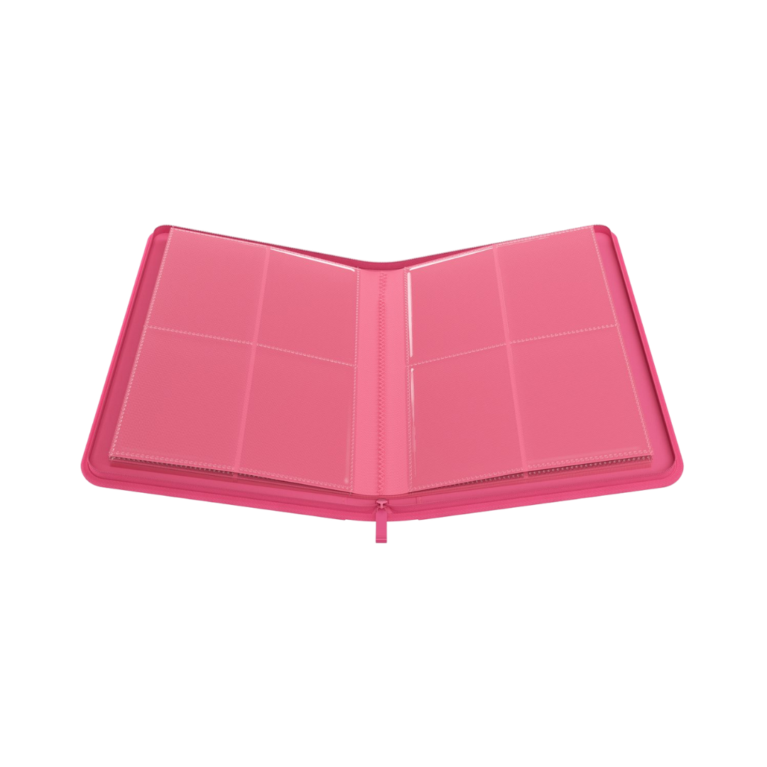 Open Gamegenic 8-pocket pink zip-up album showing card storage pages with two rows of side-loading pockets