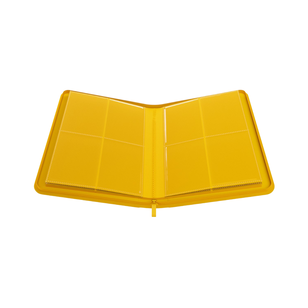 Open Gamegenic 8-pocket yellow zip-up album showing card storage pages with two rows of side-loading pockets