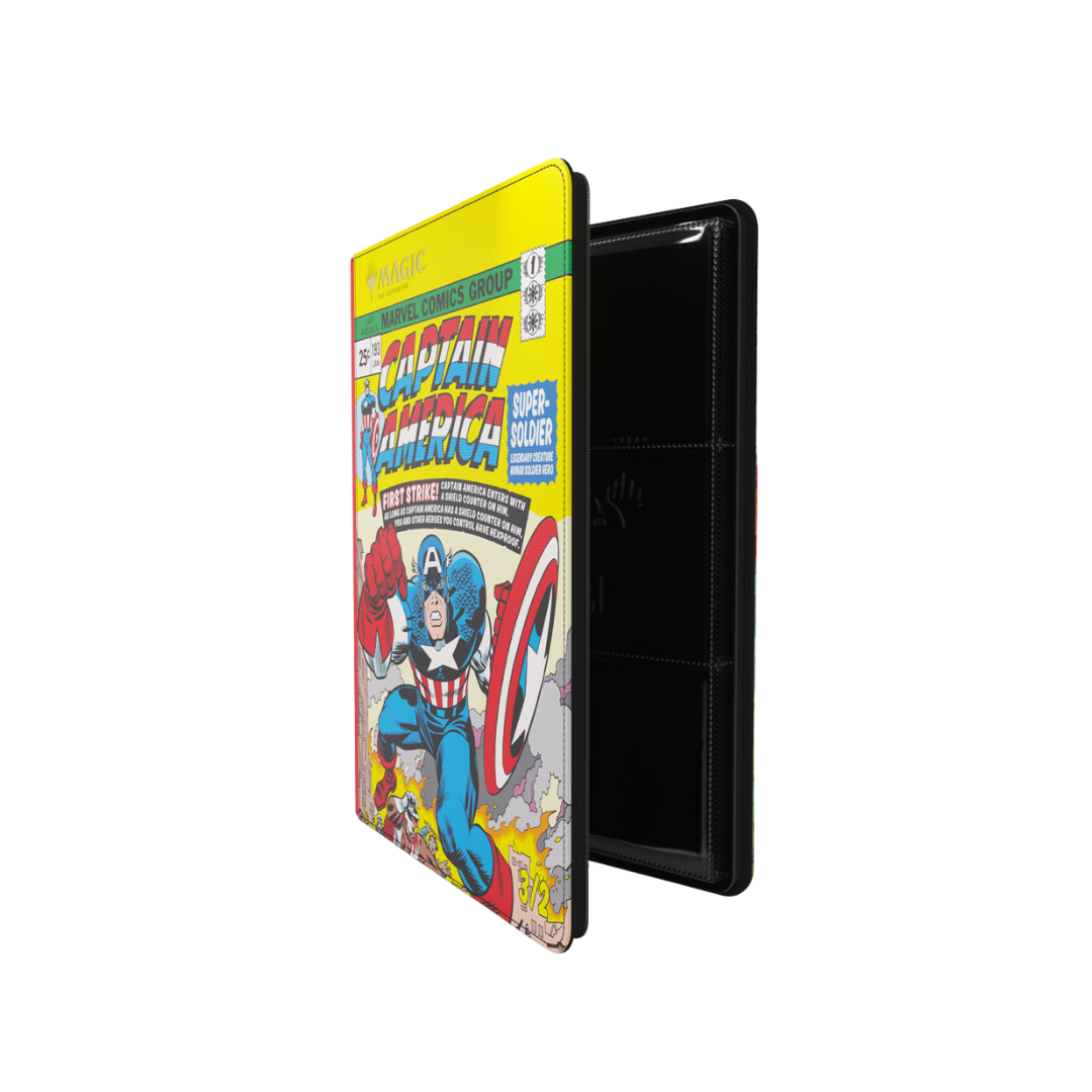 Open Gamegenic Magic The Gathering Marvel Super Heroes 18 Pocket Zip Up Album with Captain America comic cover artwork and card storage pages