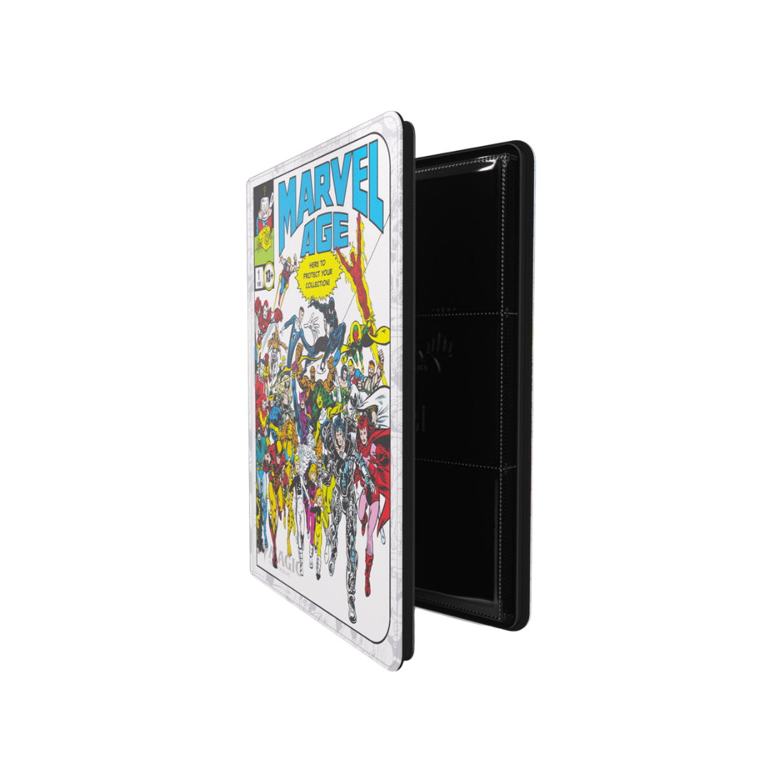 Open Gamegenic Magic The Gathering Marvel Super Heroes 18 Pocket Zip Up Album with Marvel Age artwork and card storage pages