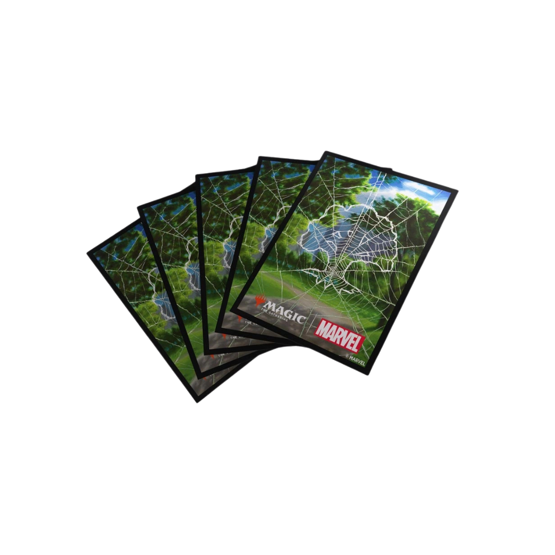 Gamegenic Spider-Man Forest Art Sleeves fan spread for MTG, 105-pack, textured matte backs and clear fronts
