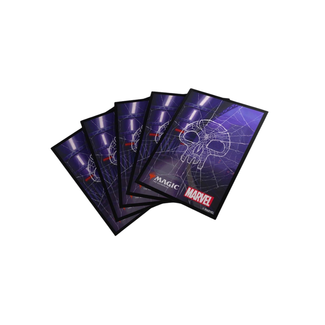 Gamegenic Spider-Man Swamp Art Sleeves fan spread, MTG standard size, pack of 105 with textured matte backs and clear fronts