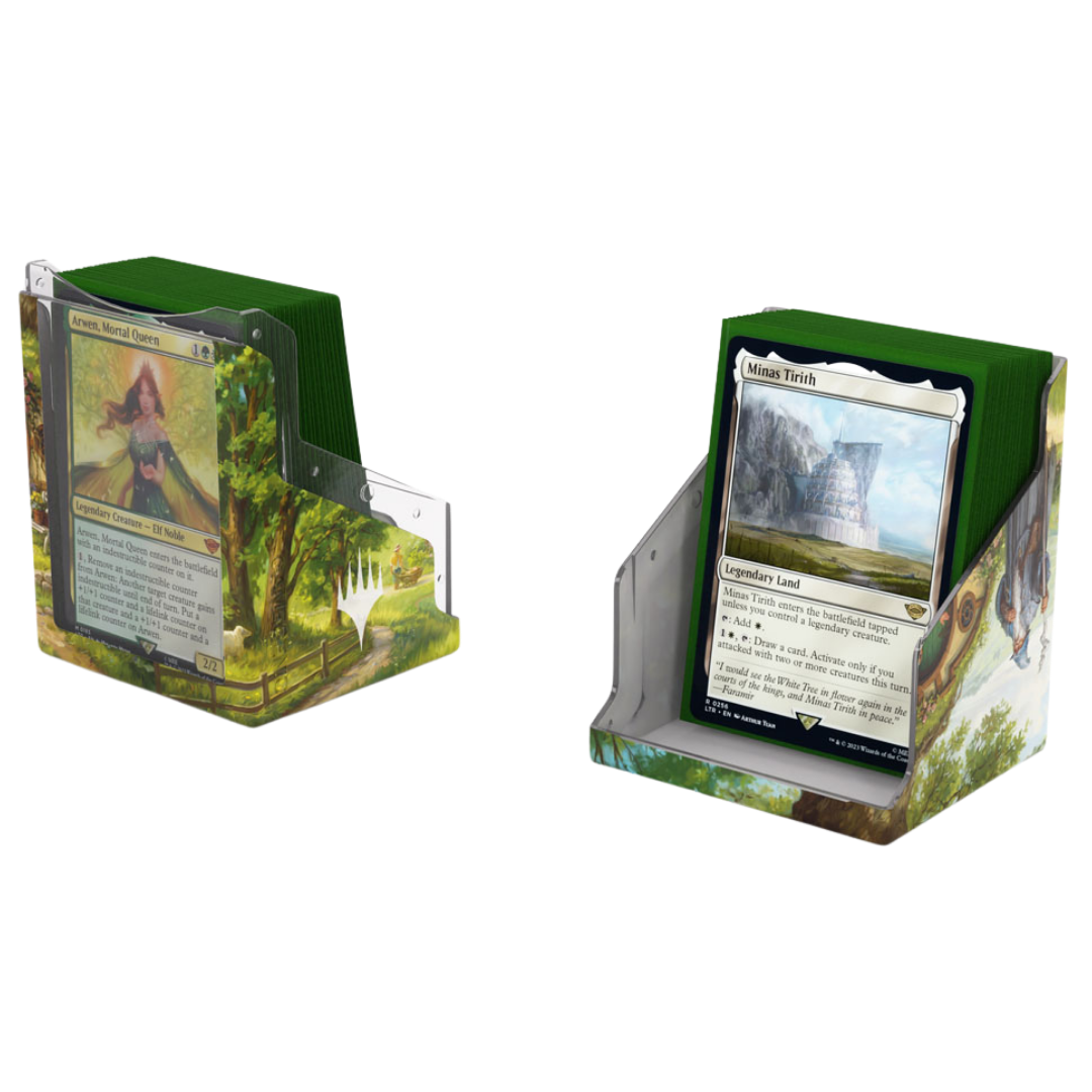 Open Gamegenic Magic The Gathering The Hobbit Bastion XL The Shire deck box displaying sleeved MTG cards and removable lid