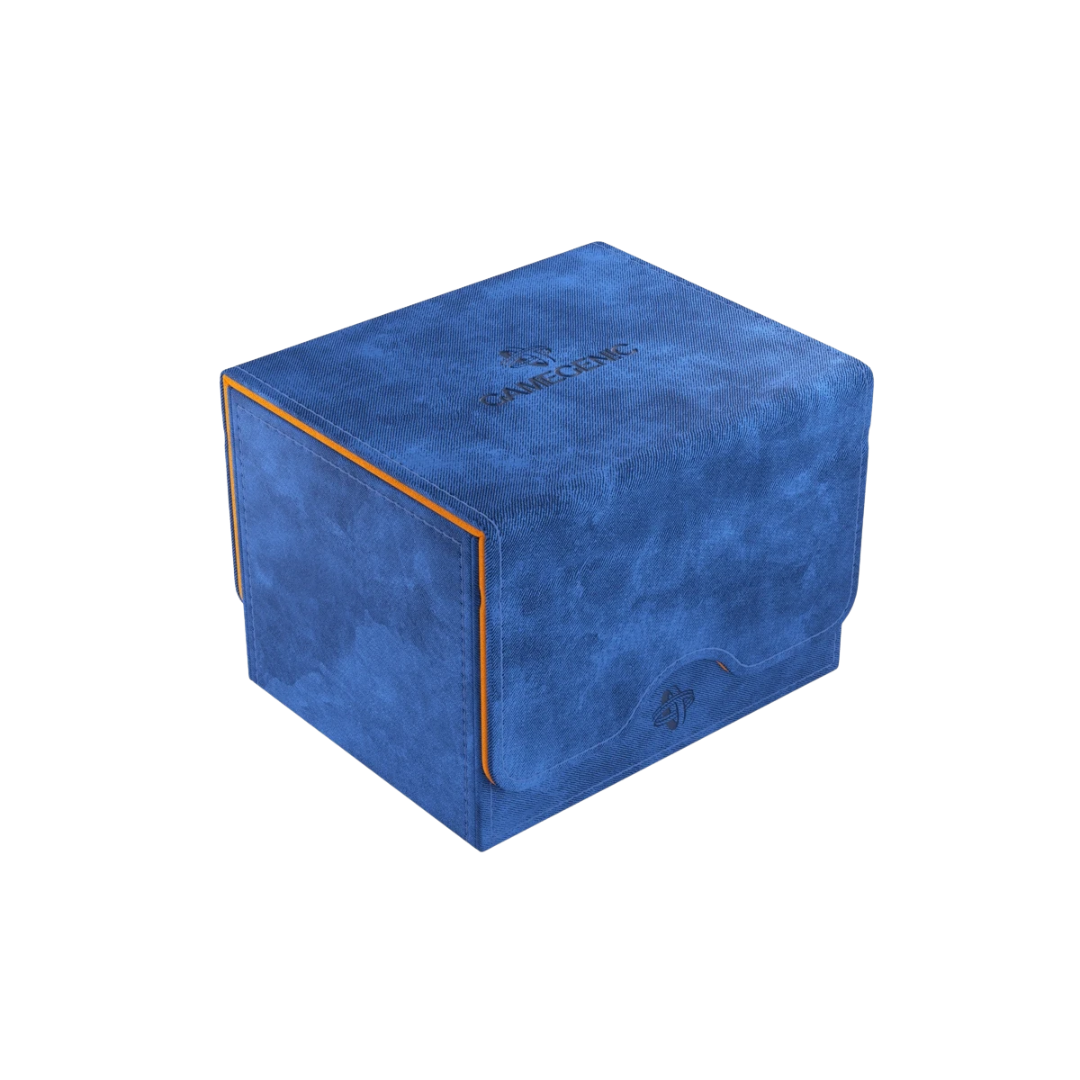 Gamegenic Sidekick 100+ XL Blue/Orange deck box open, showing double-sleeved Commander deck with microfiber lining