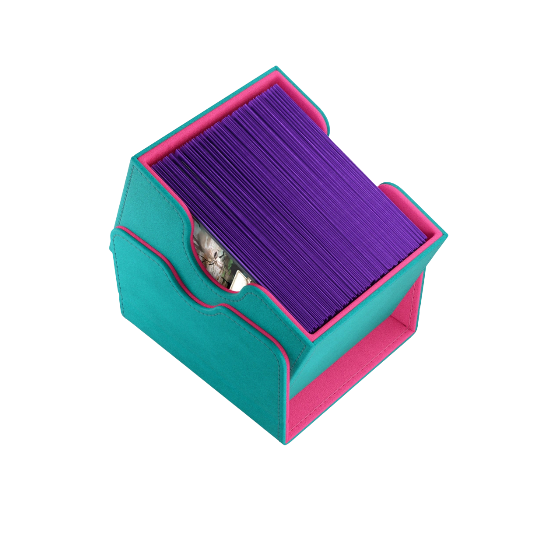 Gamegenic XL+ teal pink deck box with open display and 100 sleeved cards inside