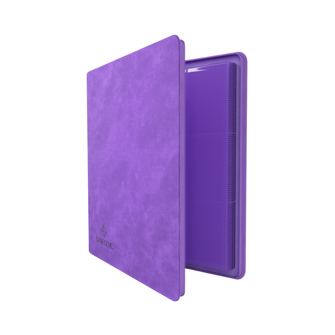 Purple Gamegenic 24-pocket zip-up trading card album with side-loading pages and secure zipper closure