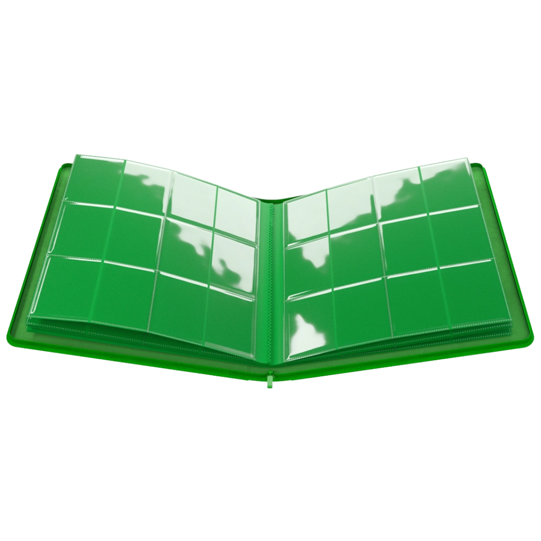 Gamegenic Zip-Up Album 24 Pocket Green binder for Pokémon and Magic The Gathering card storage open and displayed