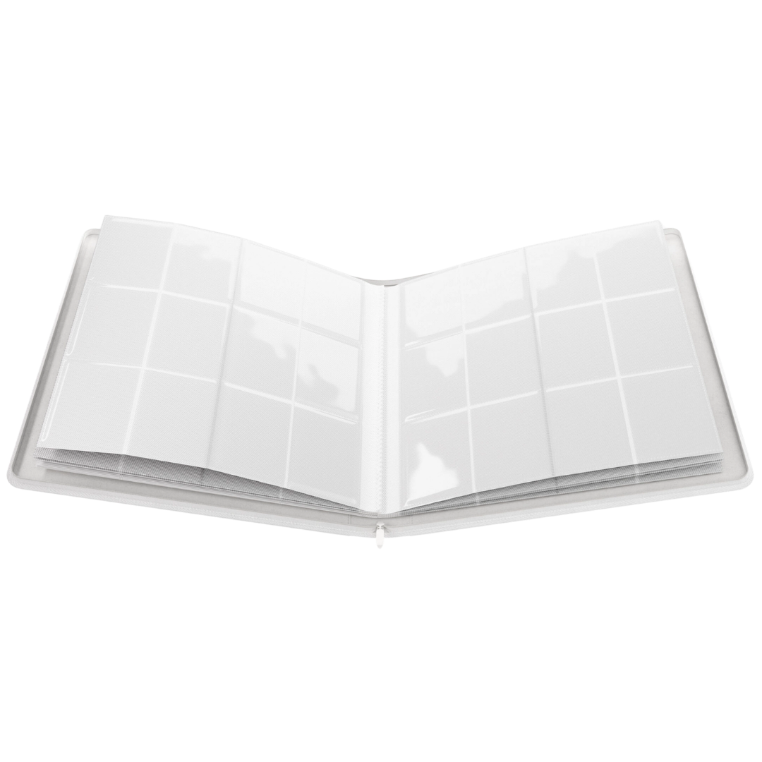 Gamegenic Zip-Up Album 24 Pocket White binder for Pokémon and Magic The Gathering card storage with its pages open and displayed
