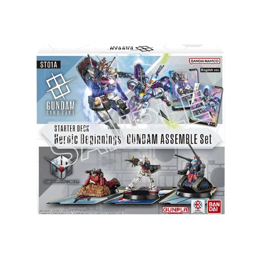 Gundam Card Game ST‑01A Heroic Beginnings Starter Set showing card deck art and Gundam Assemble miniatures