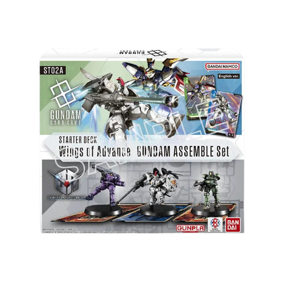 Gundam Card Game ST-02A Wings of Advance Starter Set with Wing Gundam cards and buildable Gundam Assemble miniatures for tabletop gameplay
