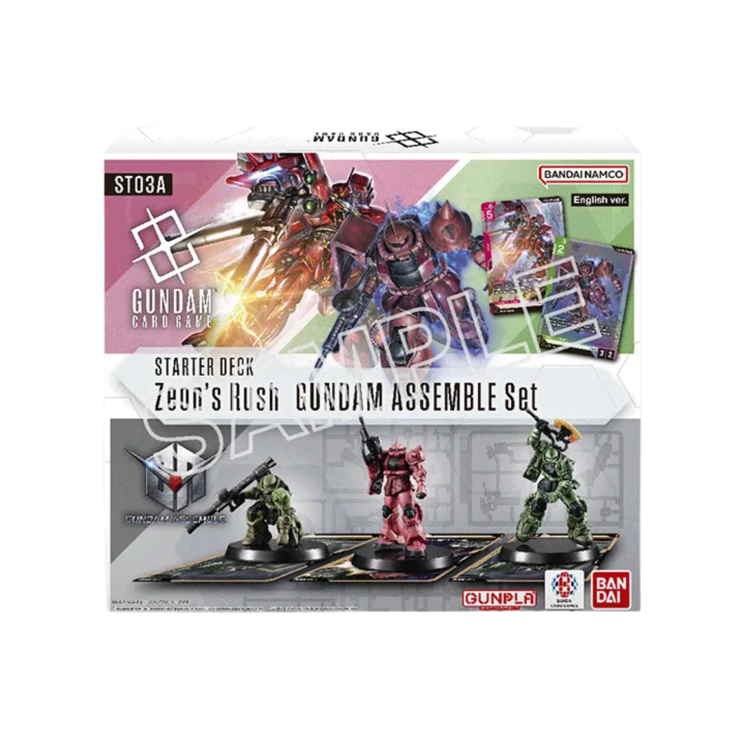 Gundam CG ST-03 Gundam Assemble Zeon’s Rush Starter Set, dual-deck card game bundle with iconic Universal Century suits and fast-paced Zeon mobile suits.