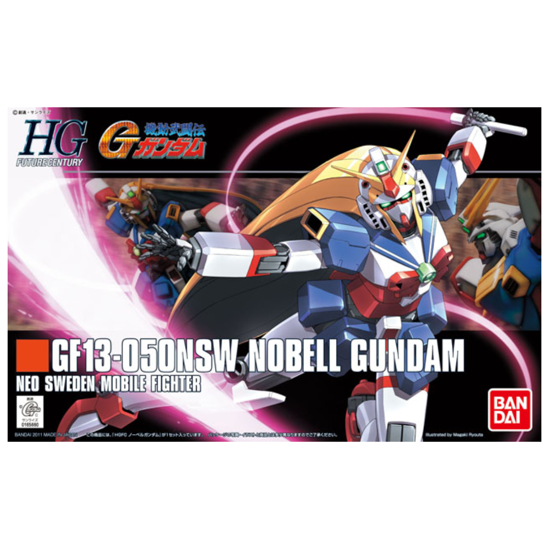 HGFC Nobell Gundam 1/144 model kit built, featuring PET ribbon parts