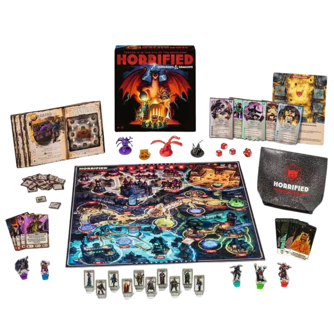 Horrified: Dungeons & Dragons contents with board, monster figures, cards, tokens, hero pieces, and dice.