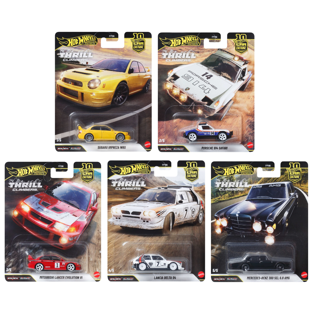 Hot Wheels Car Culture Thrill Climbers 2026 Set of 5 with protector featuring Subaru, Porsche, Mitsubishi, Lancia, and Mercedes