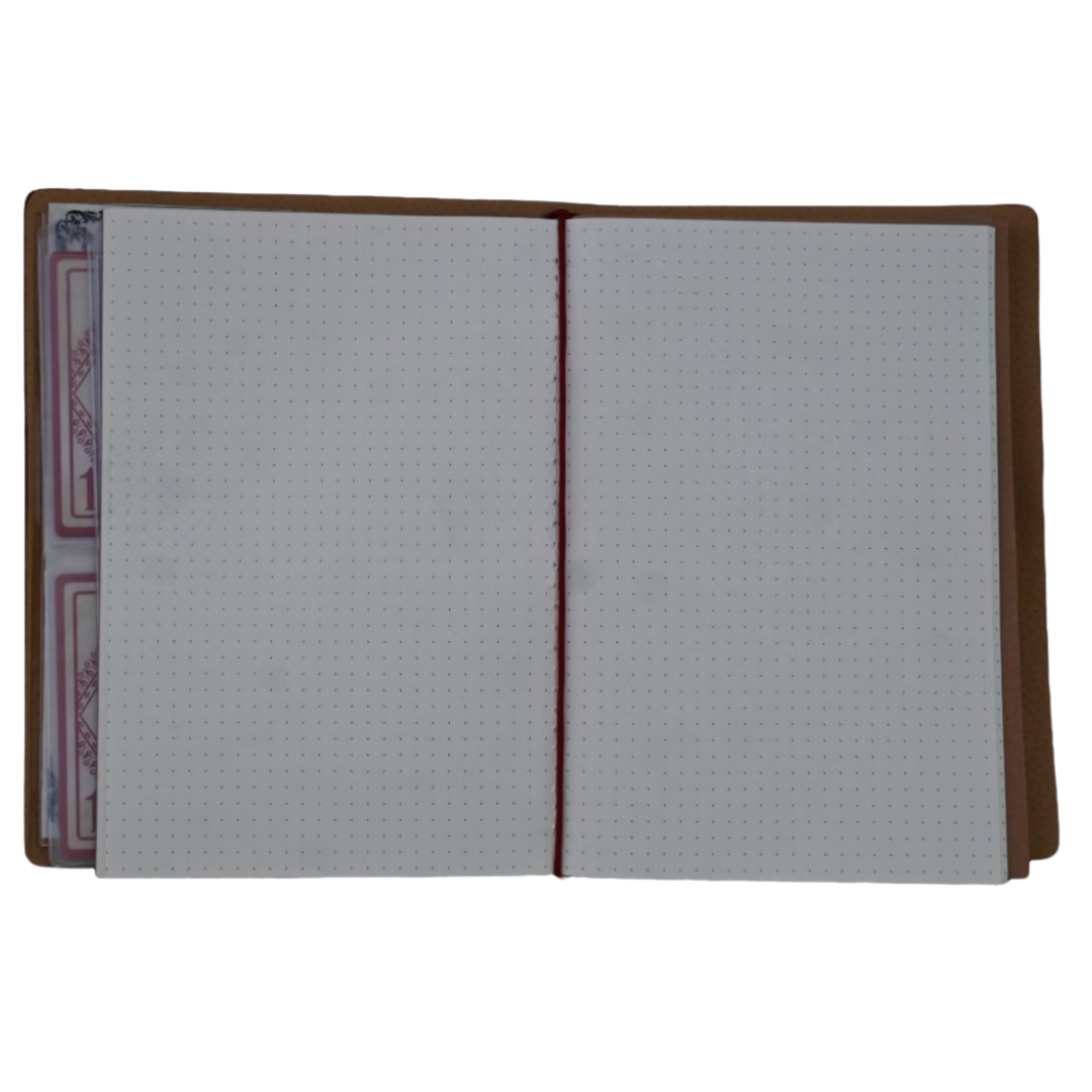 Hrothgar's Hoard Character Journal Blue Sword and Arcane Symbol cover, RPG notebook with elastic closure, open