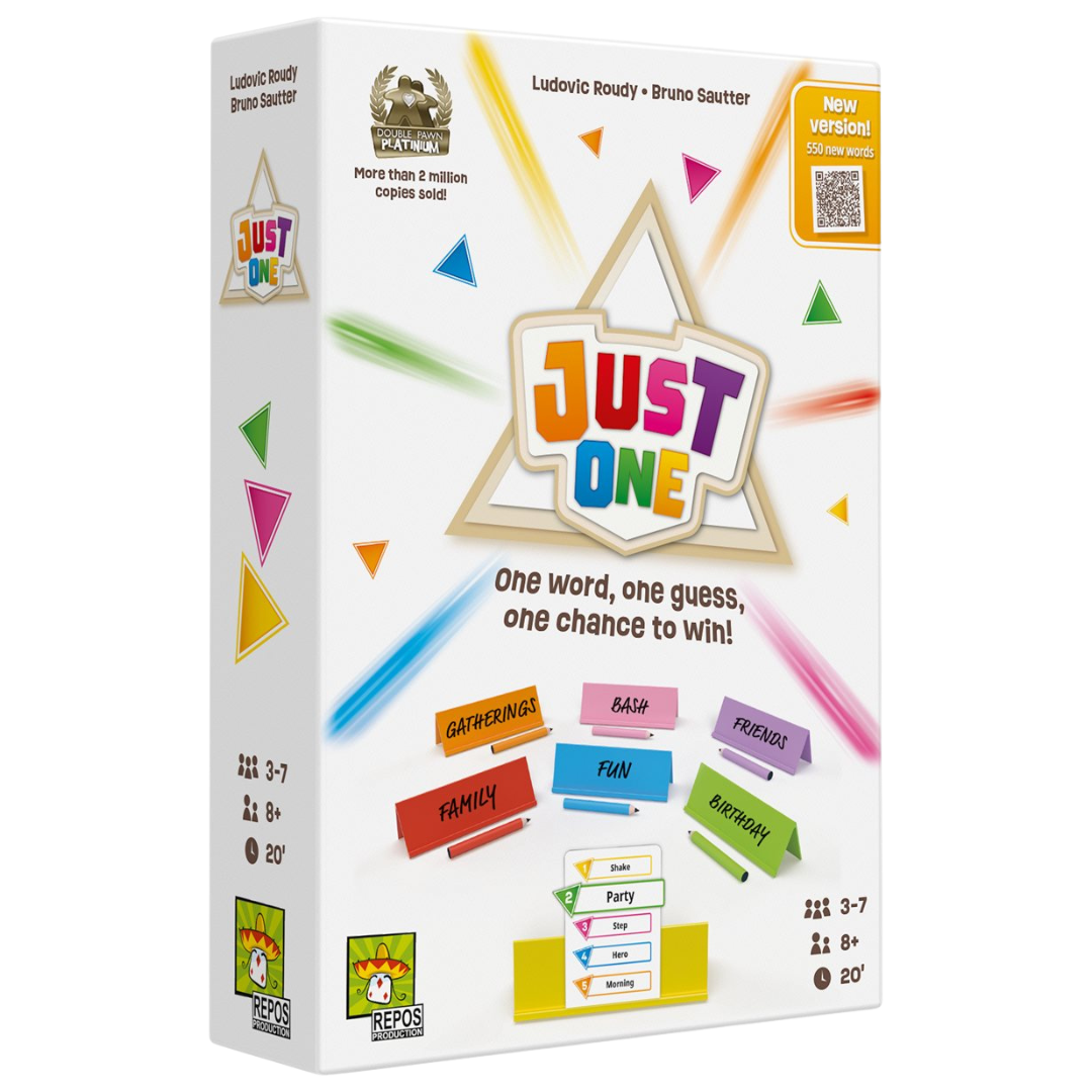 Just One Refresh edition party game box with updated design and word clue components