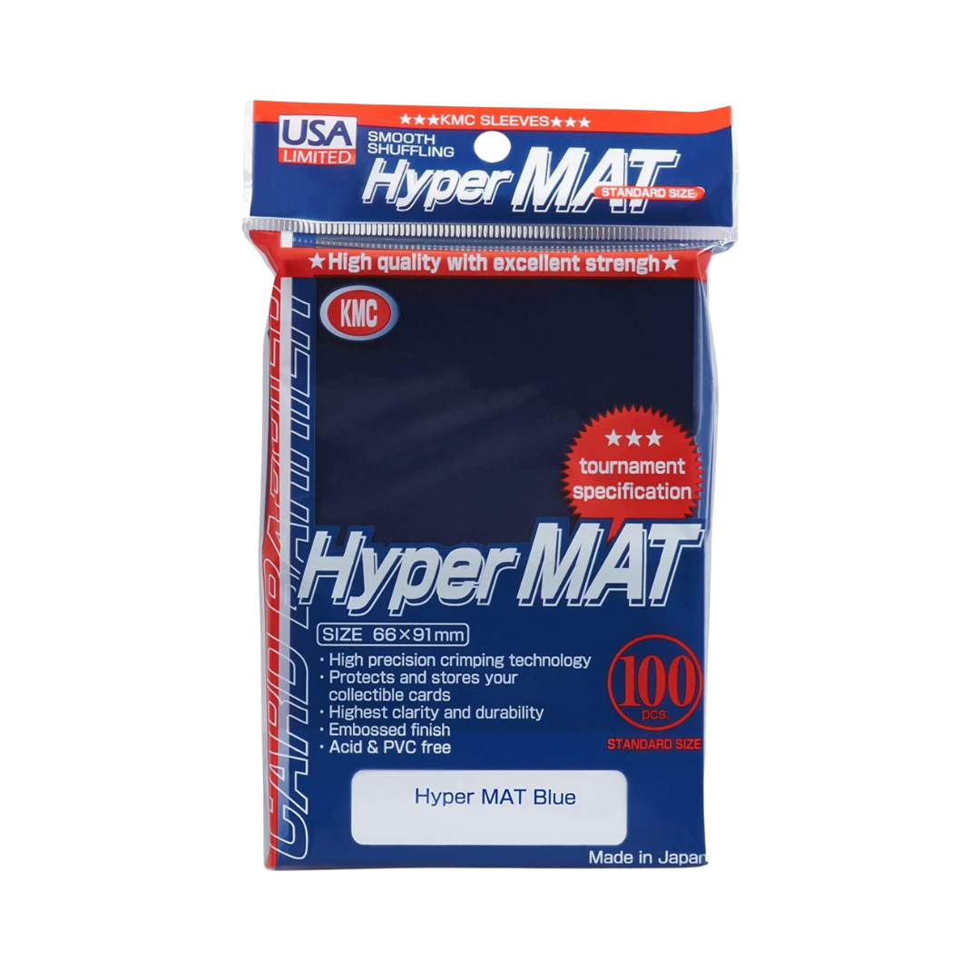 KMC Hyper Matte Blue Sleeves, 100-count pack, standard size with low-gloss textured back, ideal for tournament play, durable TCG card protection.