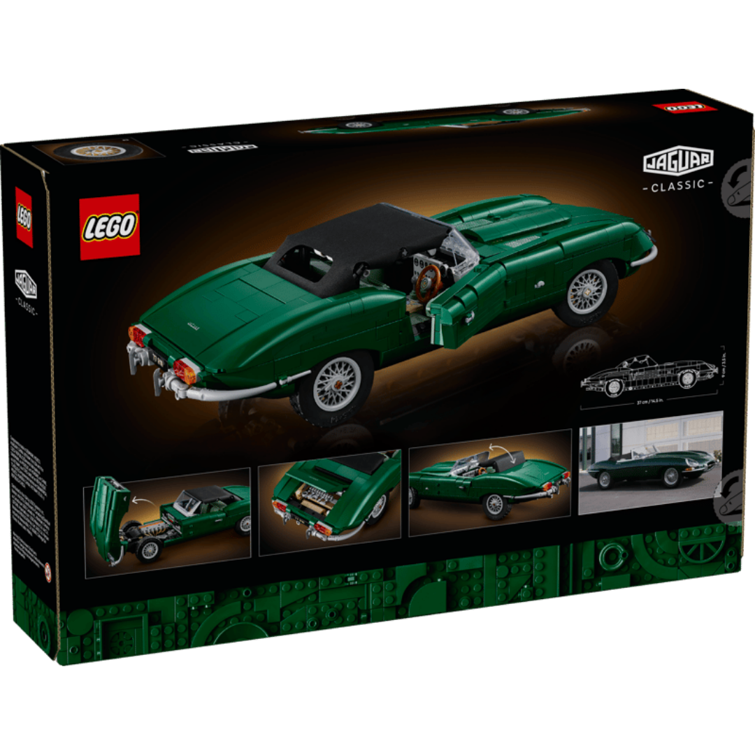 Back of LEGO Jaguar E-Type 11381 box showing the opening hood, trunk, doors, textile roof, engine, and dimensions
