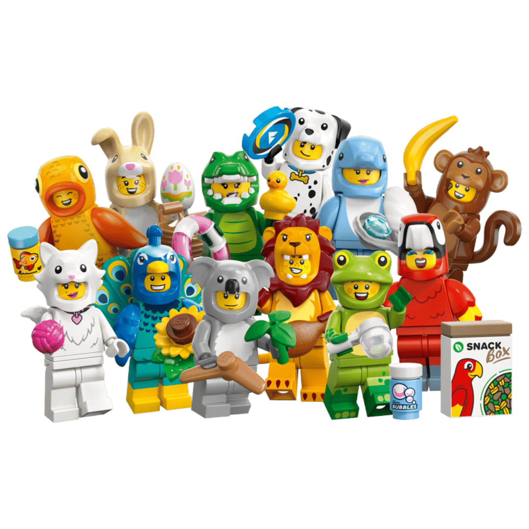 LEGO Minifigures Series 28 mystery box displayed with all 12 collectible animal-costume characters