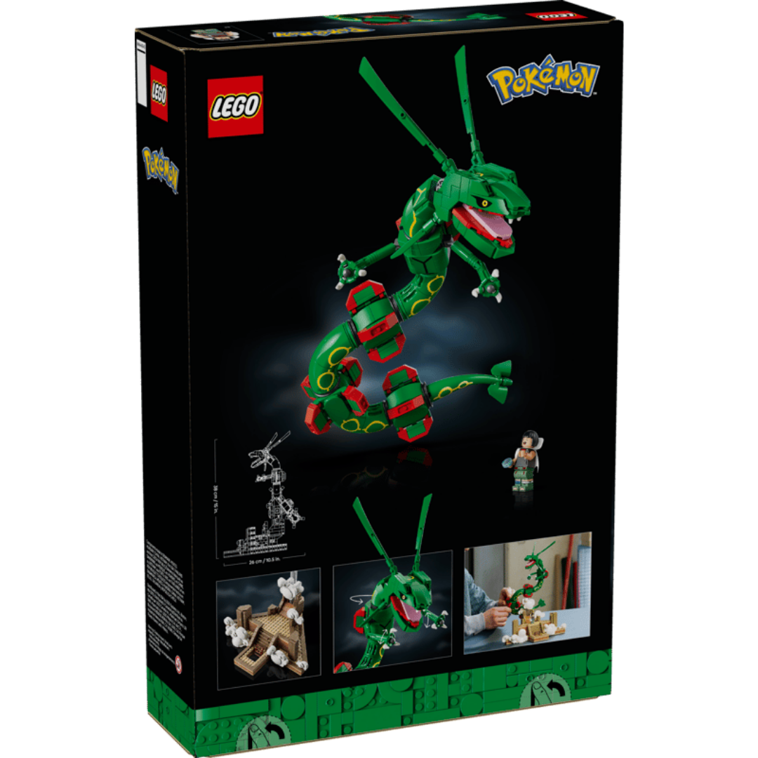 Back of LEGO Pokemon Rayquaza 72168 box showing the detachable figure, articulation, dimensions, and display base