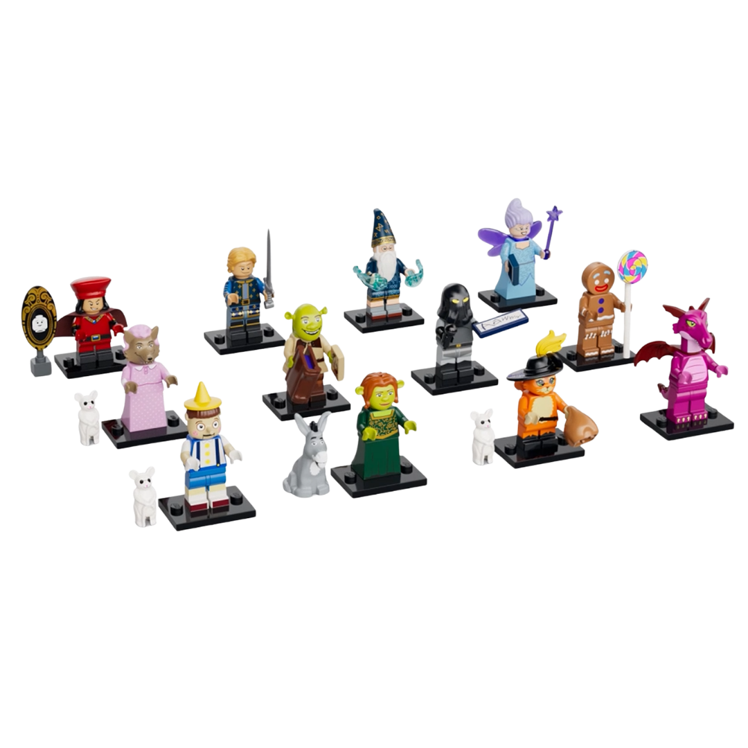 Complete LEGO Shrek Series lineup of 12 minifigures including Shrek, Fiona, Puss in Boots, Dragon and Gingy