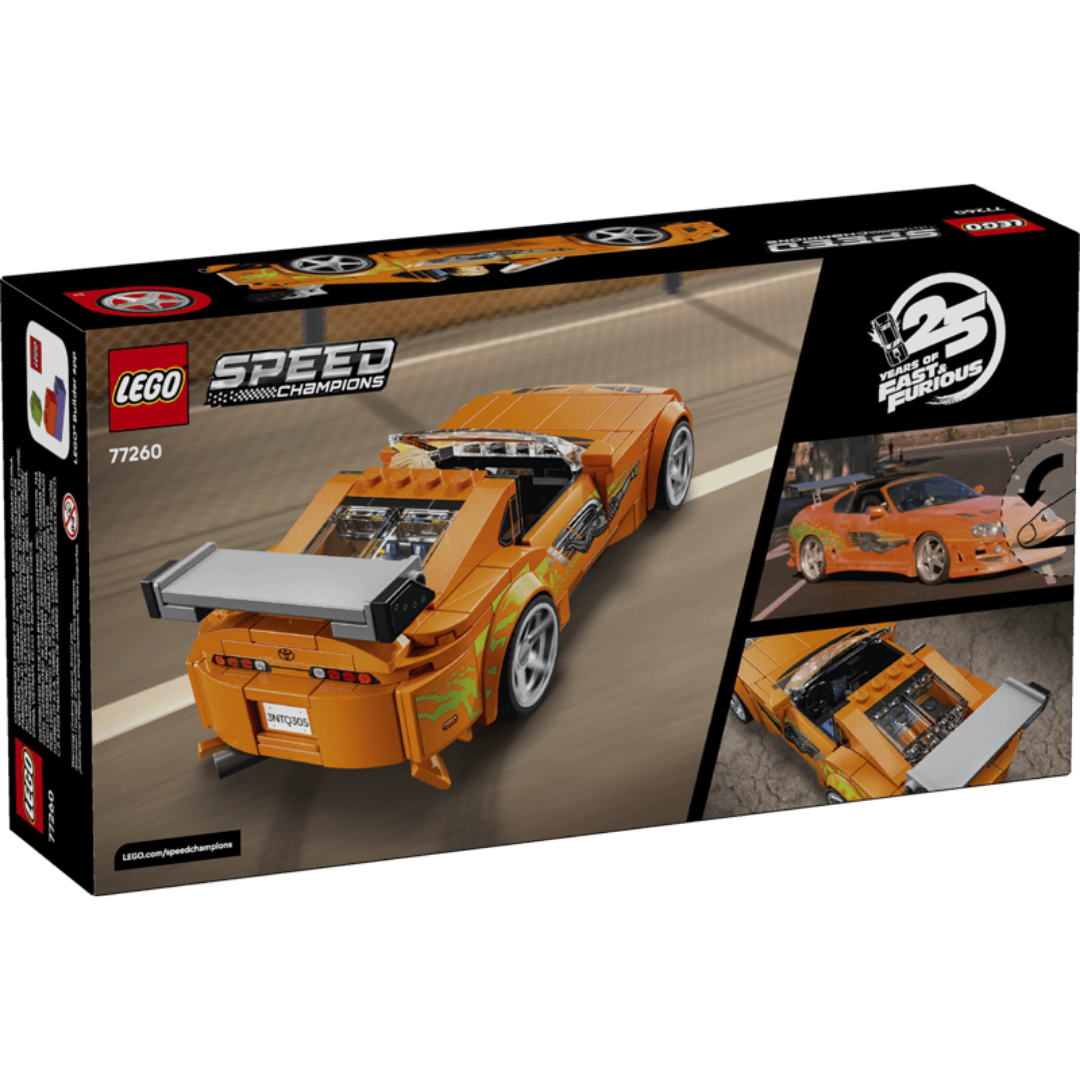 Back of Lego Toyota Supra MK4 77260 box showing the orange Fast & Furious car and movie-inspired details