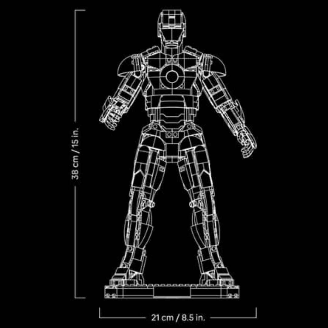 Lego Iron Man Mark 3 Collectors' Edition 76344 dimensions graphic showing 38 cm height and 21 cm width