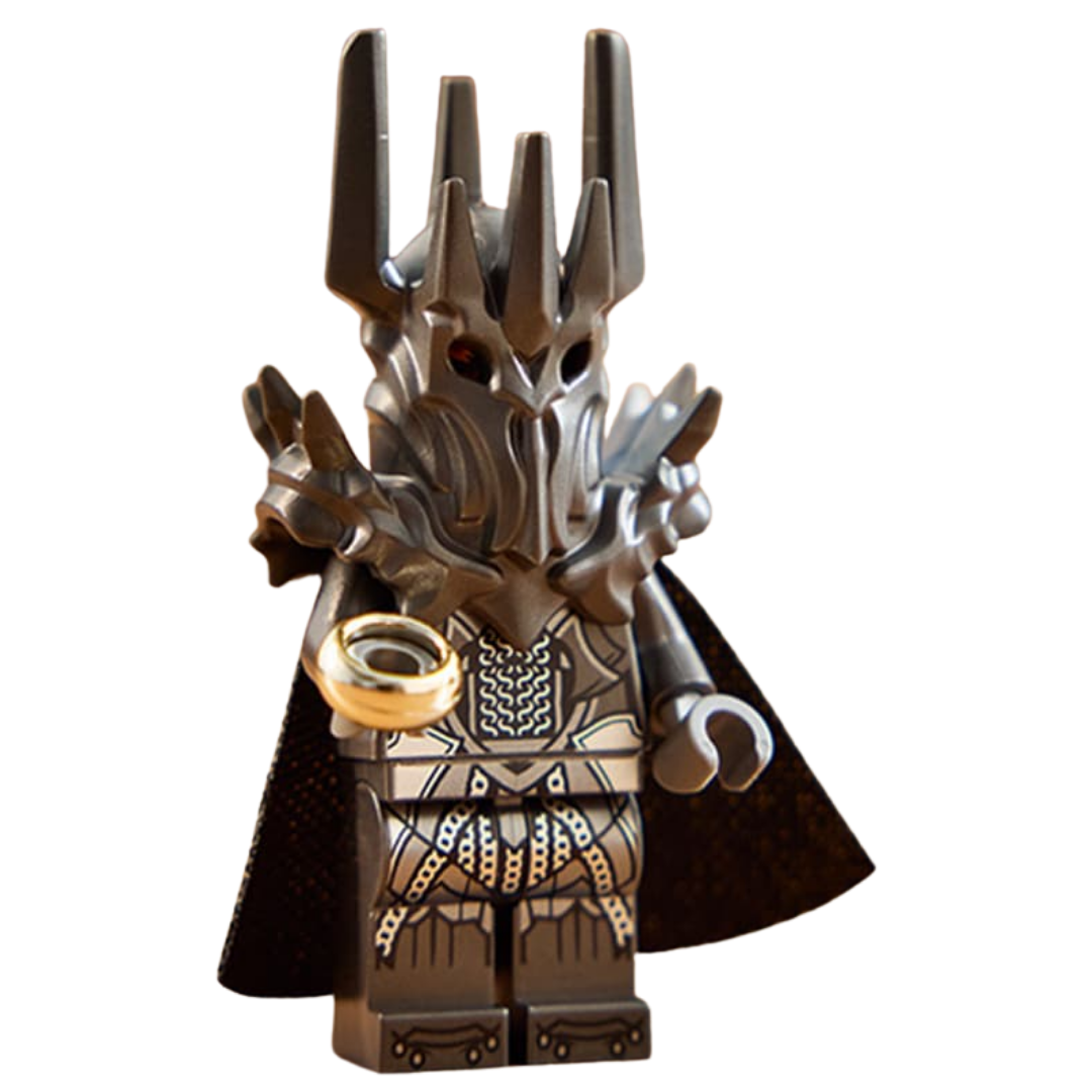 Lego The Lord of the Rings Sauron's Helmet 11373 display model with Sauron minifigure, ring, and name plaque