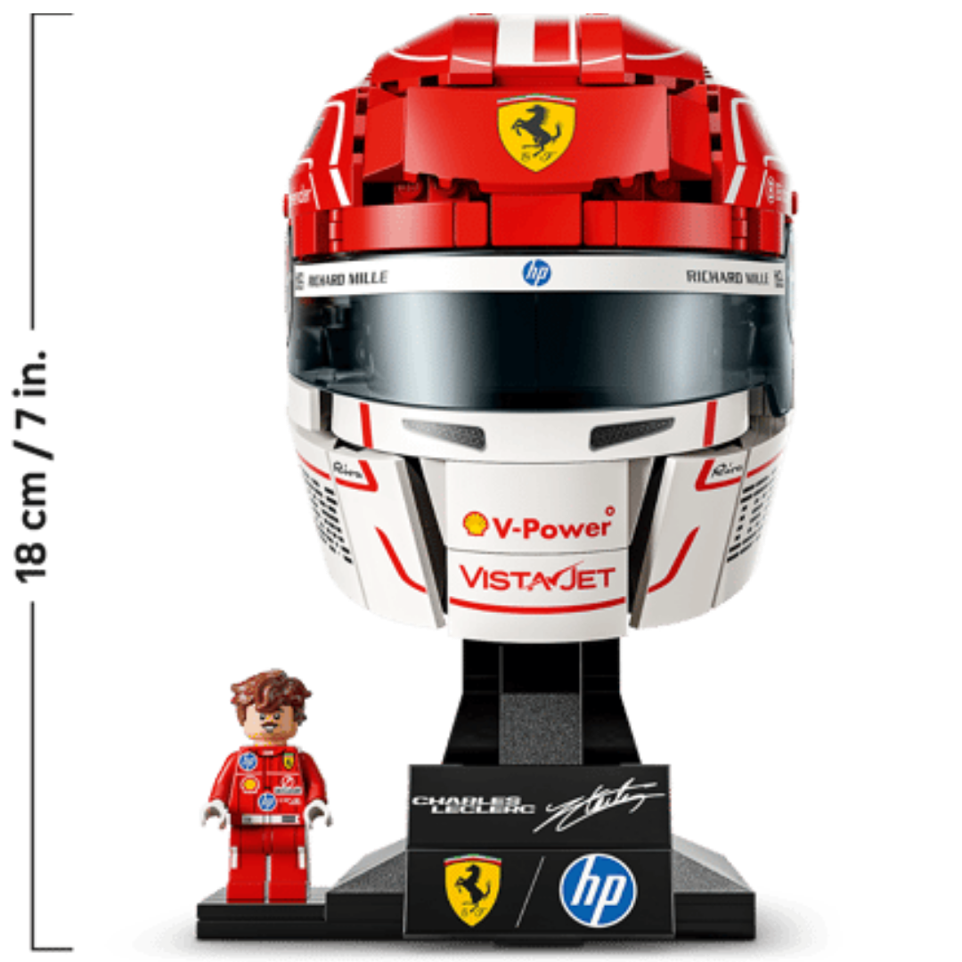 Lego Scuderia Ferrari HP Charles Leclerc Helmet 43014 front view with minifigure and signature display plaque
