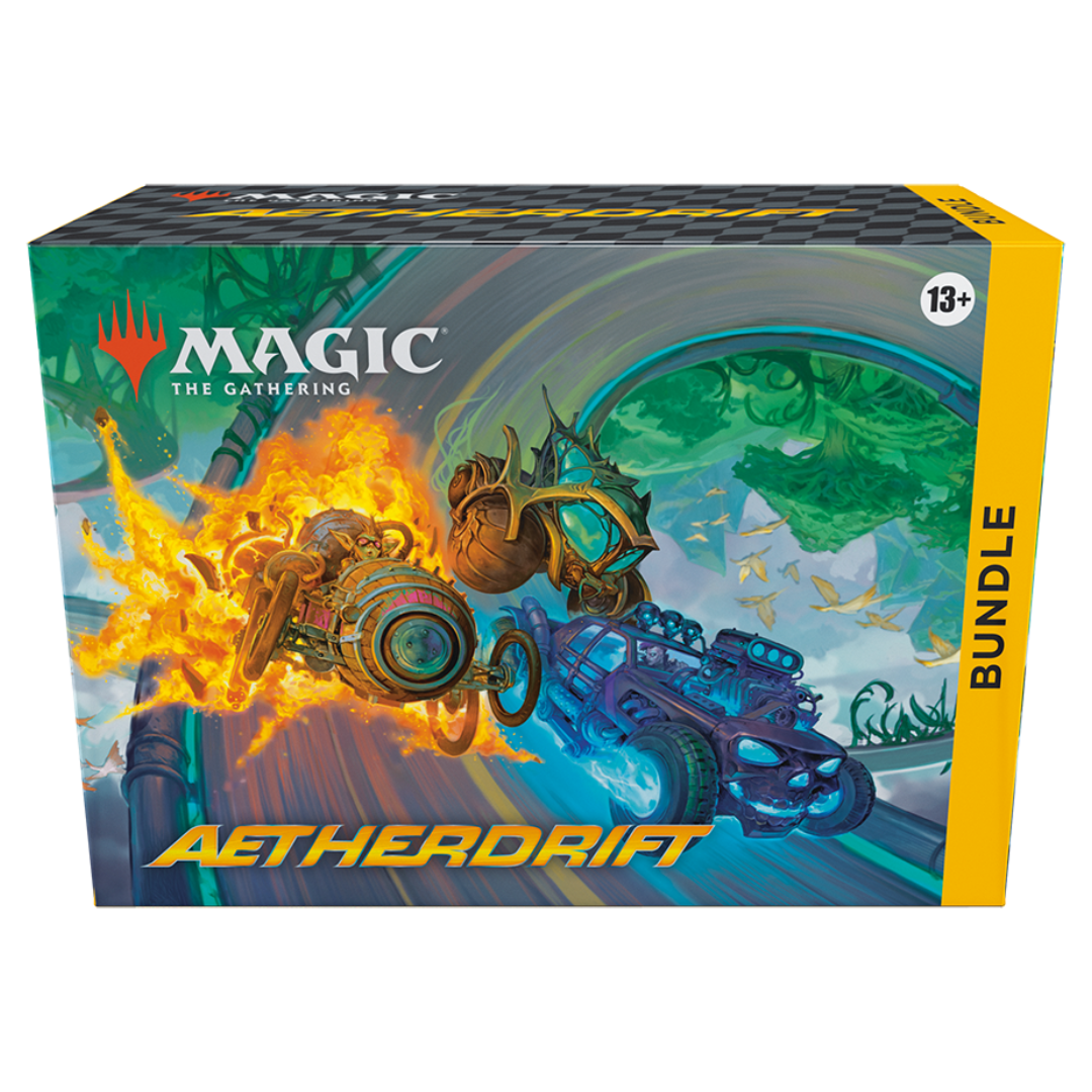 MTG Aetherdrift Bundle featuring 9 Play Boosters, 30 Basic Land cards (including Full-Art), exclusive Traditional Foil card, oversized Spindown life counter, and more. Perfect for collectors and Magic: The Gathering fans.