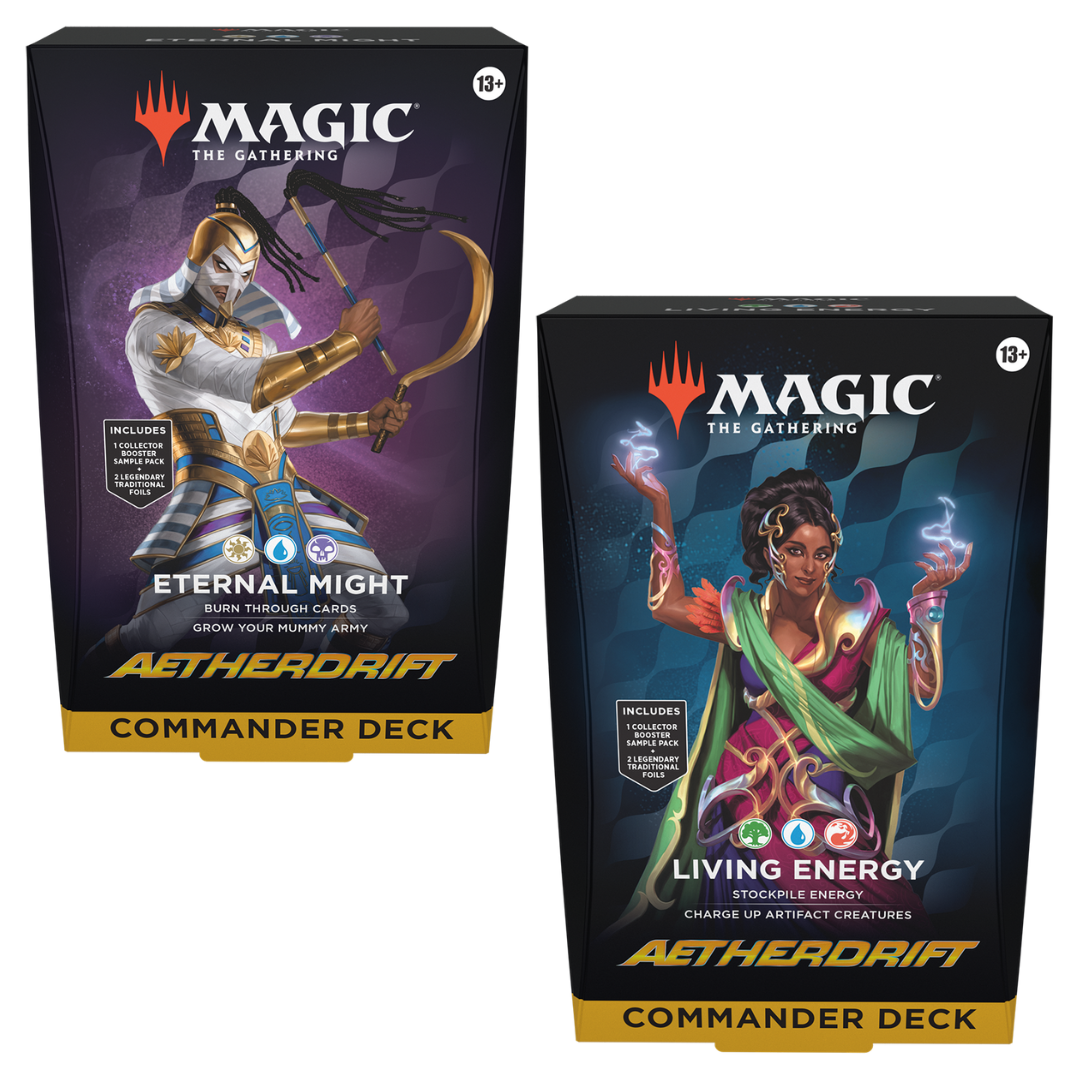 MTG Commander Deck Set of 2 Aetherdrift: Living Energy and Eternal Might. Includes 100-card ready-to-play decks, Foil Legendary cards, tokens, and Collector Booster Sample Packs. Perfect for Magic: The Gathering Commander battles and collectors.