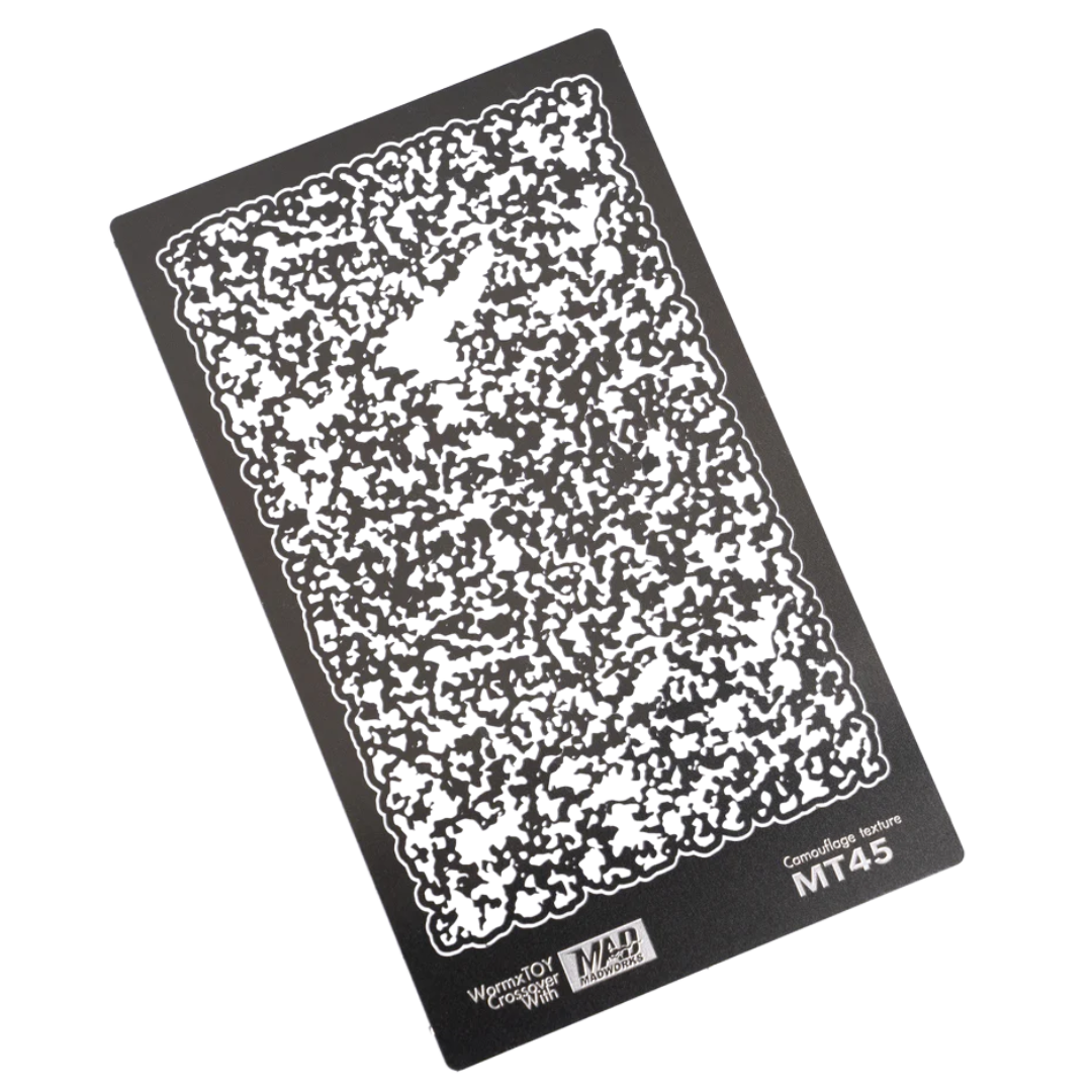 Madworks MT45 Camouflage Effect Stencil, flexible reusable stencil for realistic camo painting on Gunpla, military models, and plastic kit builds.