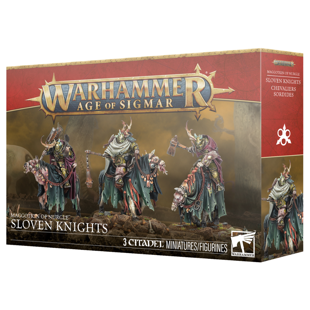 Warhammer Age of Sigmar Maggotkin of Nurgle Sloven Knights box art and assembled miniatures