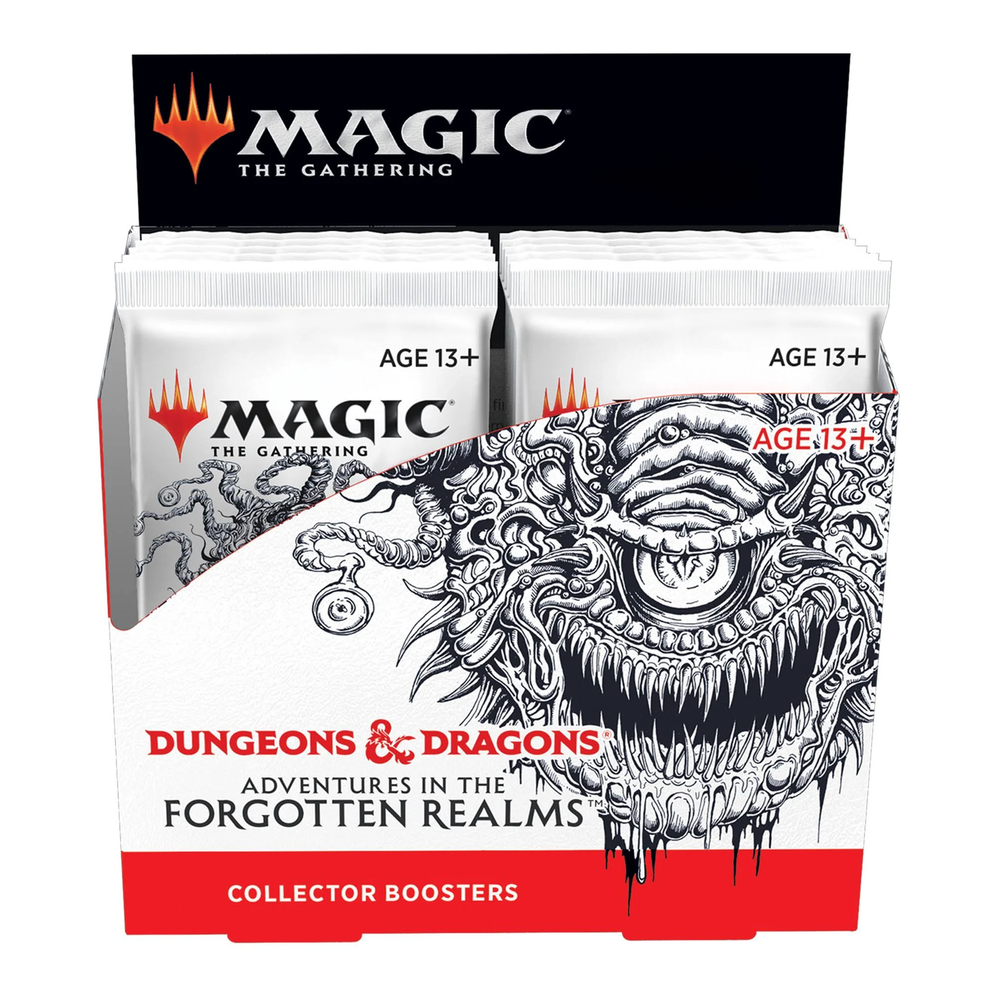 Magic: The Gathering Adventures in the Forgotten Realms Collector Boosters box featuring Dungeons & Dragons crossover cards, rares, mythics, foils, and special treatments.