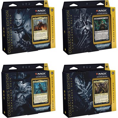 Magic: The Gathering x Warhammer 40,000 Collector’s Edition Commander decks featuring Surge Foil cards and exclusive artwork.