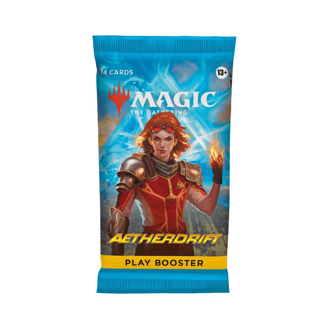 Magic: The Gathering Aetherdrift Play Booster Pack featuring 14 cards from the high-speed, multiverse-spanning Aetherdrift set.