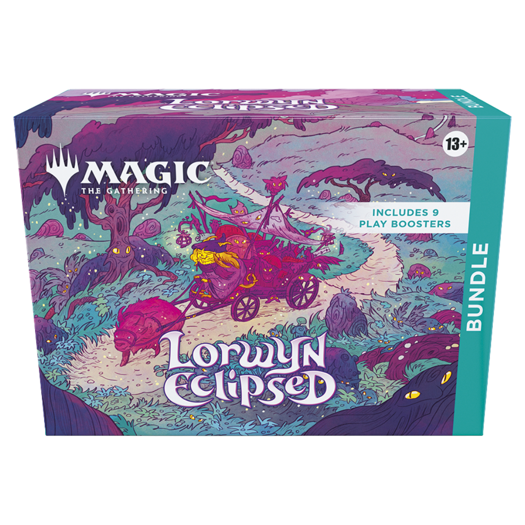 MTG Lorwyn Eclipsed Bundle box, includes 9 Play Boosters, lands, oversized Spindown, and storage box