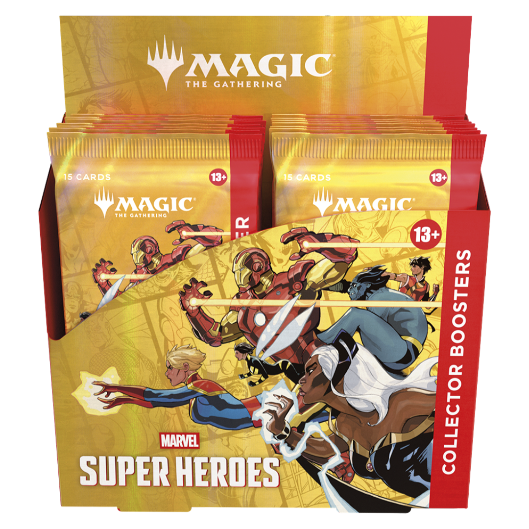 Magic the Gathering Marvel Super Heroes Collector Booster display box featuring Marvel heroes and premium foil card packs