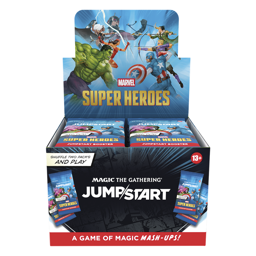 Magic the Gathering Marvel Super Heroes Jumpstart Booster display box featuring Marvel heroes and Jumpstart branding