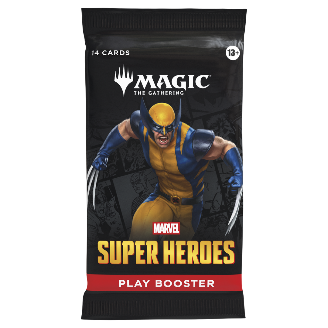 Magic the Gathering Marvel Super Heroes Play Booster Pack featuring Wolverine artwork and Marvel crossover branding