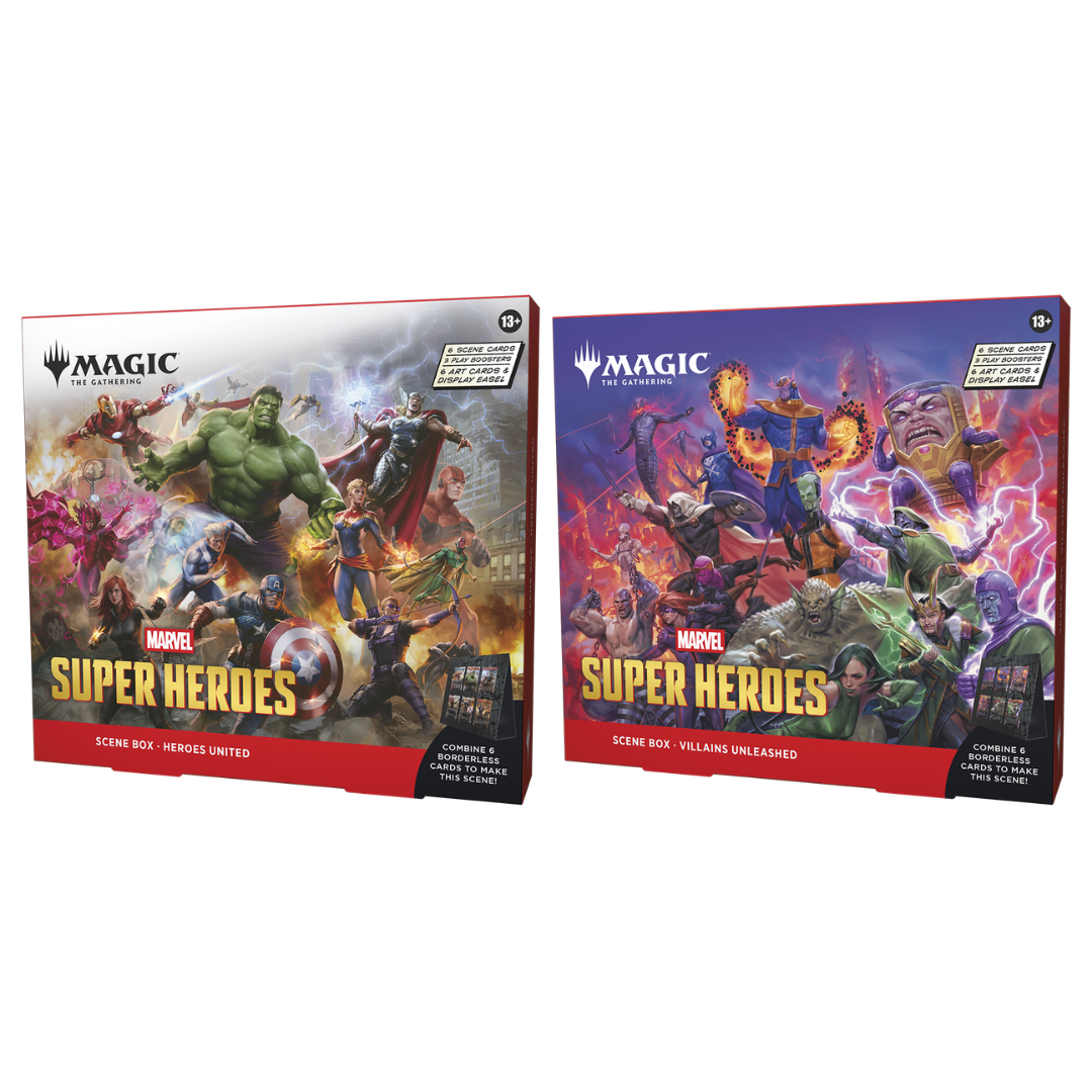 Magic The Gathering Marvel Super Heroes Scene Box Set of Two featuring Heroes United and Villains Unleashed collectible boxes