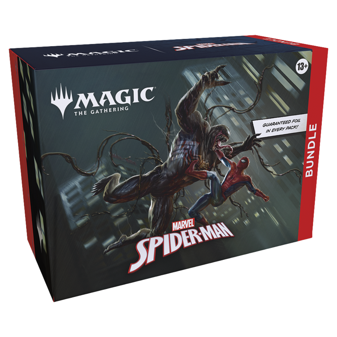Magic the Gathering Marvel’s Spider-Man Bundle box with boosters, lands, deck box, and Spindown counter