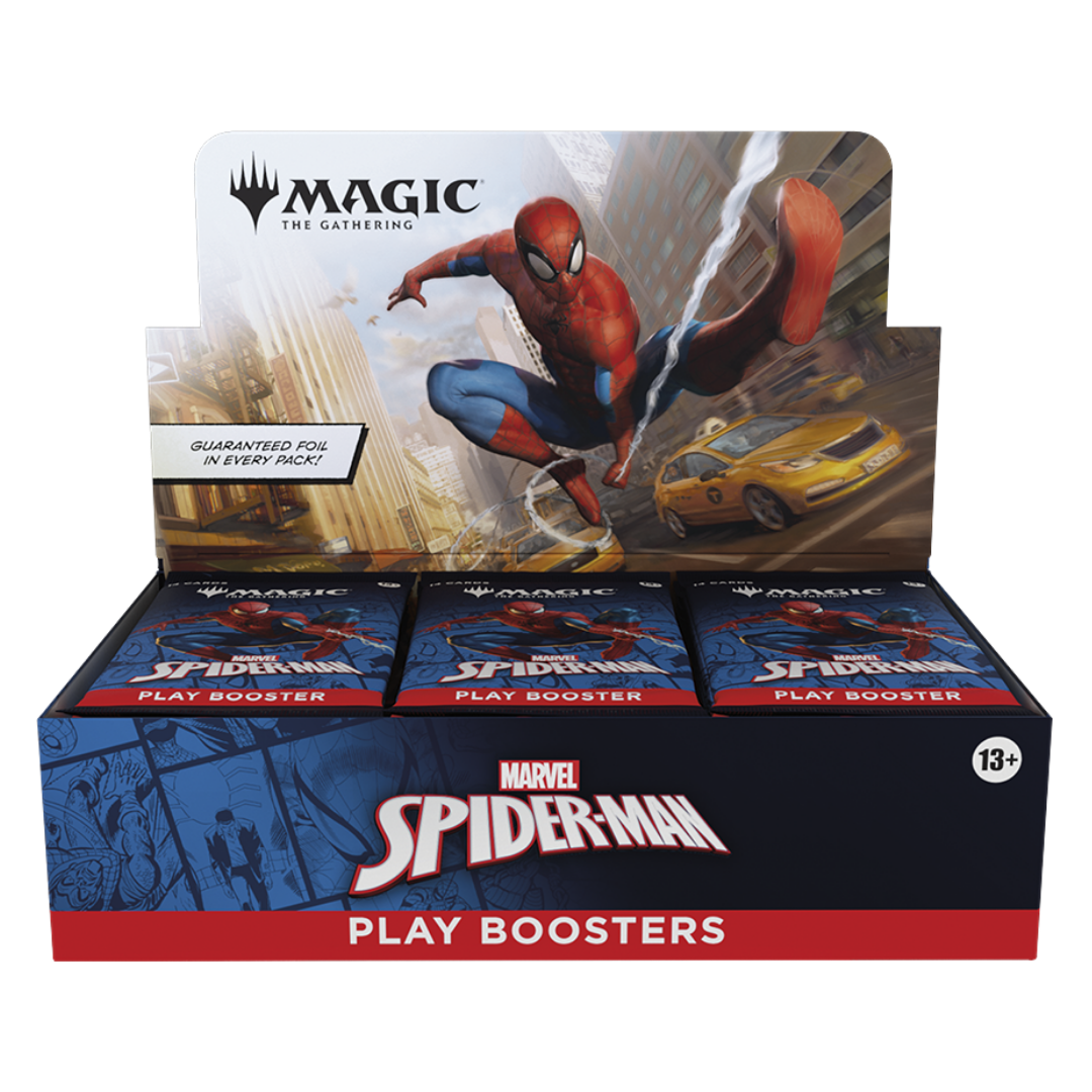 Magic the Gathering Marvel Spider-Man Play Booster featuring Spider-Man and Marvel-themed MTG draft cards