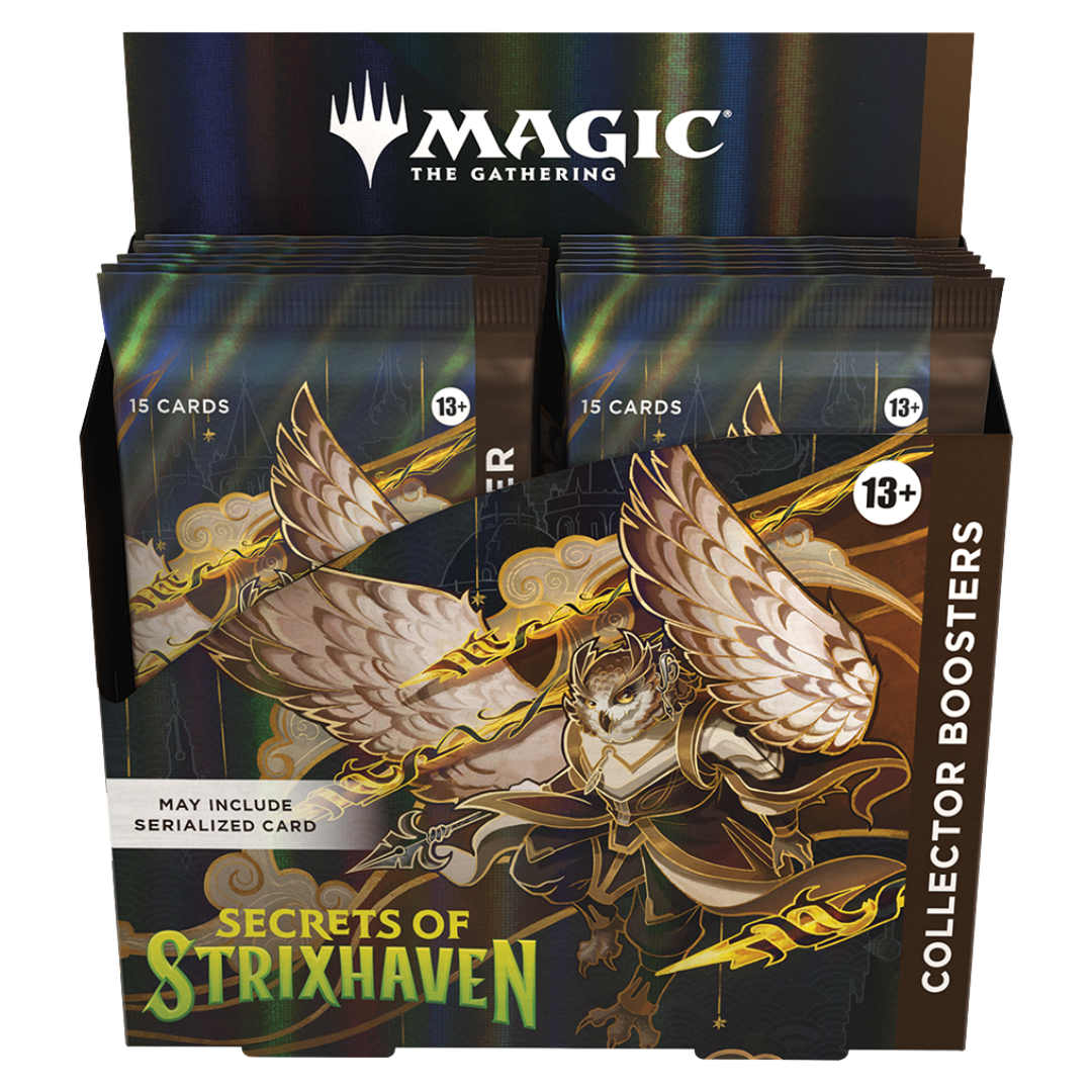 Magic the Gathering Secrets of Strixhaven Collector Booster display box featuring owl mage artwork and gold foil design
