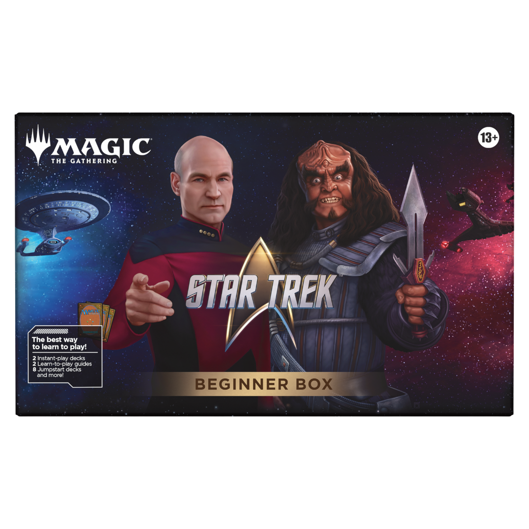Magic: The Gathering Star Trek Beginner Box with instant-play decks, Jumpstart decks, guides, playmats, and life counters