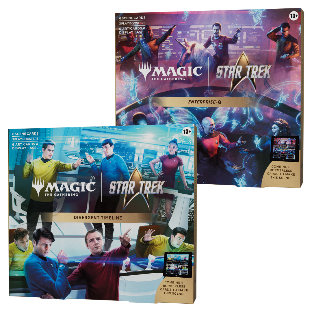 Magic: The Gathering Star Trek Scene Box with foil scene cards, Play Boosters, and display easel featuring Enterprise-Q or Divergent Timelines