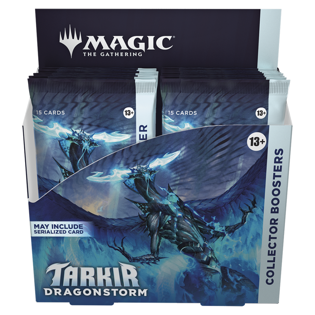 Magic: The Gathering Tarkir: Dragonstorm Collector Booster featuring premium foils, rare dragons, and extended-art cards.