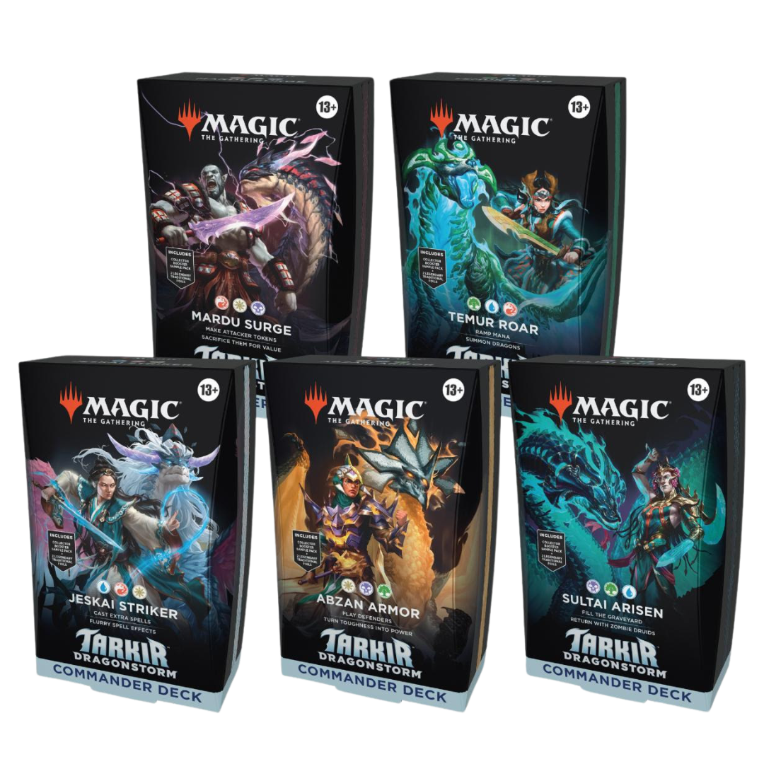 Magic: The Gathering Tarkir: Dragonstorm Commander Deck set of 5 featuring powerful dragons, spells, and legendary synergies.
