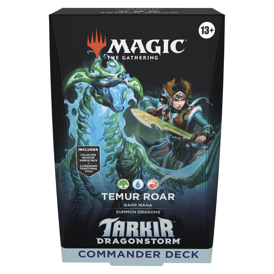 Magic: The Gathering Tarkir: Dragonstorm Commander Deck - Temur Roar featuring powerful dragons, ramp strategies, and wild Temur tactics.