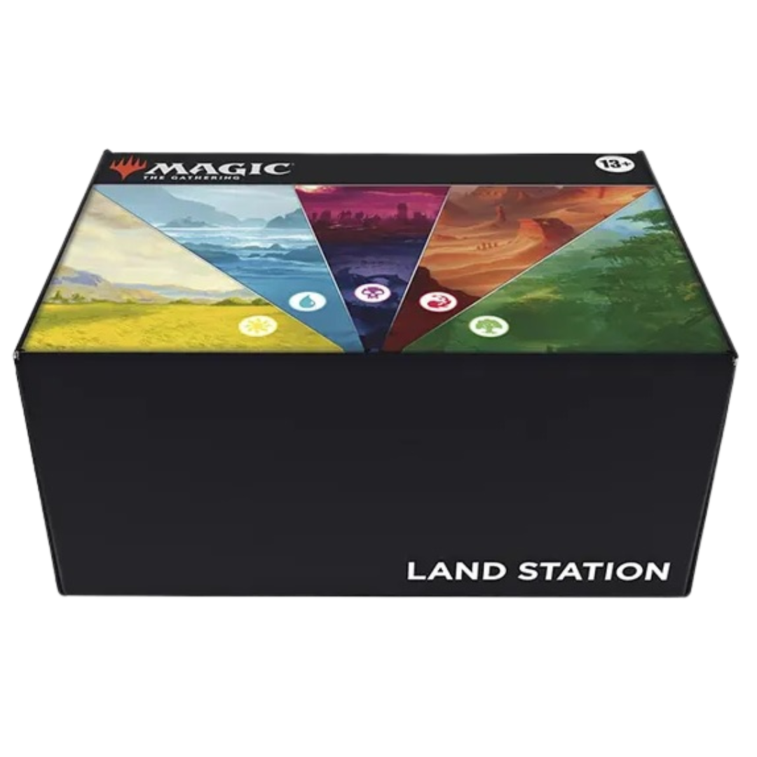 Magic: The Gathering Tarkir: Dragonstorm Land Station featuring essential basic lands for deck building with stunning Tarkir-themed artwork.